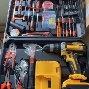 Cordless drill and hand tool kit open in its carry case, with drill, two batteries, charger, pliers, hammer and screwdrivers